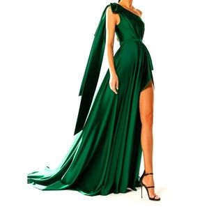 Emaysporium One Shoulder Sexy Long Draped Gown With Ribbon